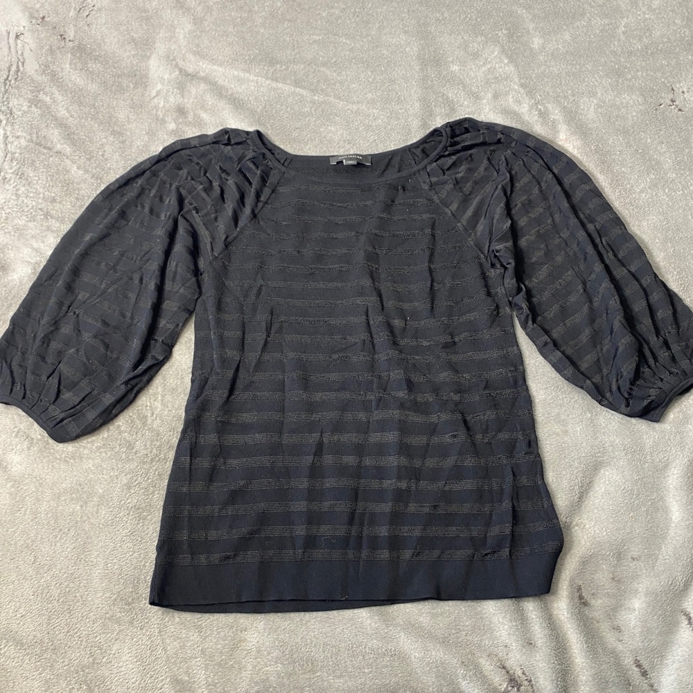 Ann Taylor Knit Top Womens M Black Textured Stripe Metallic Balloon Sleeve Boat